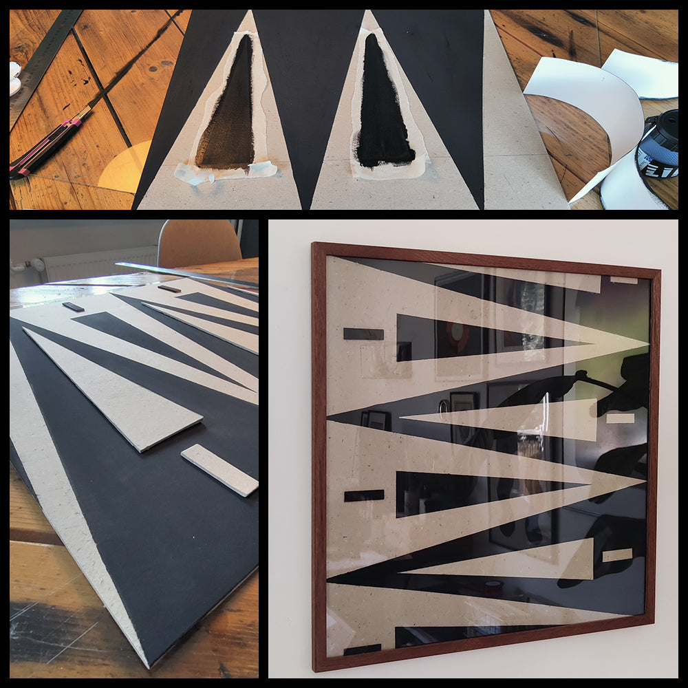 Zig-Zag cardboard relief sculpture 50x50cm with 3D layered effect in dark oak frame by Lisa Ketty