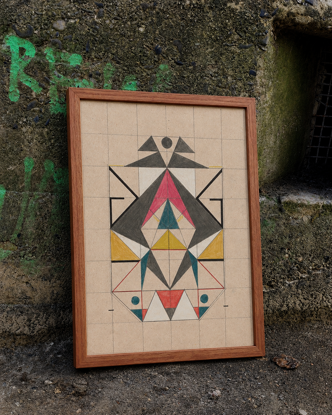 A framed geometric art print featuring a symmetrical tribal-style pattern with triangles and lines in pink, yellow, teal, black, and gray on a beige grid background, set in a warm brown wood frame and leaning against a textured concrete wall.