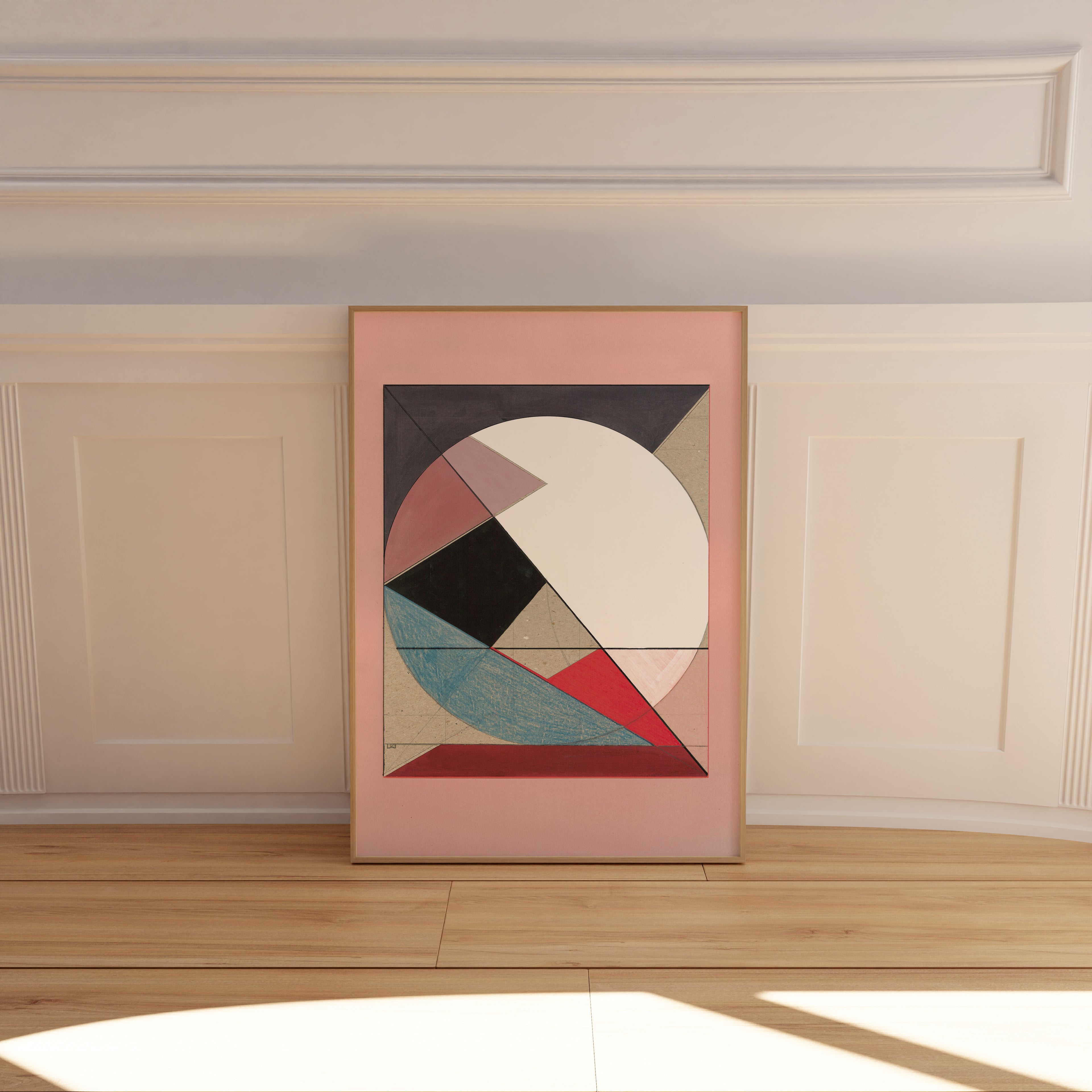 Geometric artwork poster based on cardboard relief displayed above console table
