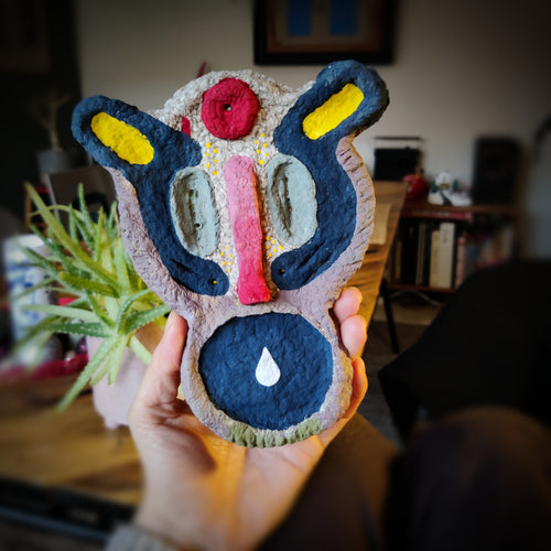 Colorful Paper Pulp Creature – handmade wall art by Lisa Ketty