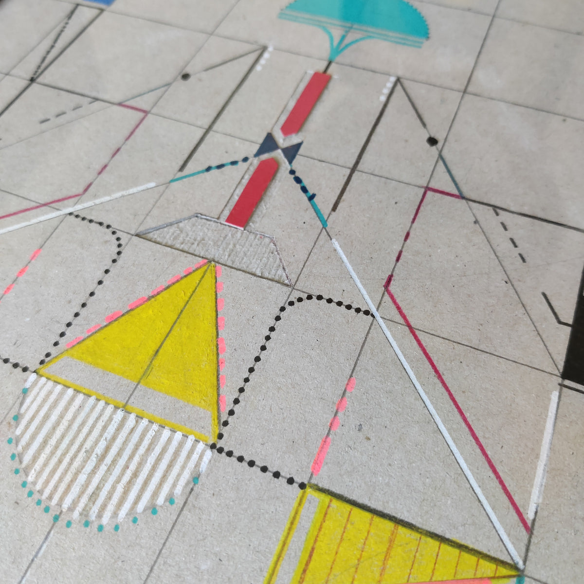 A close-up of a geometric art print or tile pattern featuring yellow triangles, white stripes, red and pink lines, and black dotted curves on a light beige background.