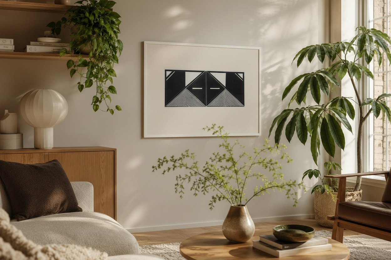 A framed abstract black and white geometric art print called mask art  hangs on a warm beige wall in a beautifully styled modern living room with a wooden coffee table, potted plants, and a neutral sofa.