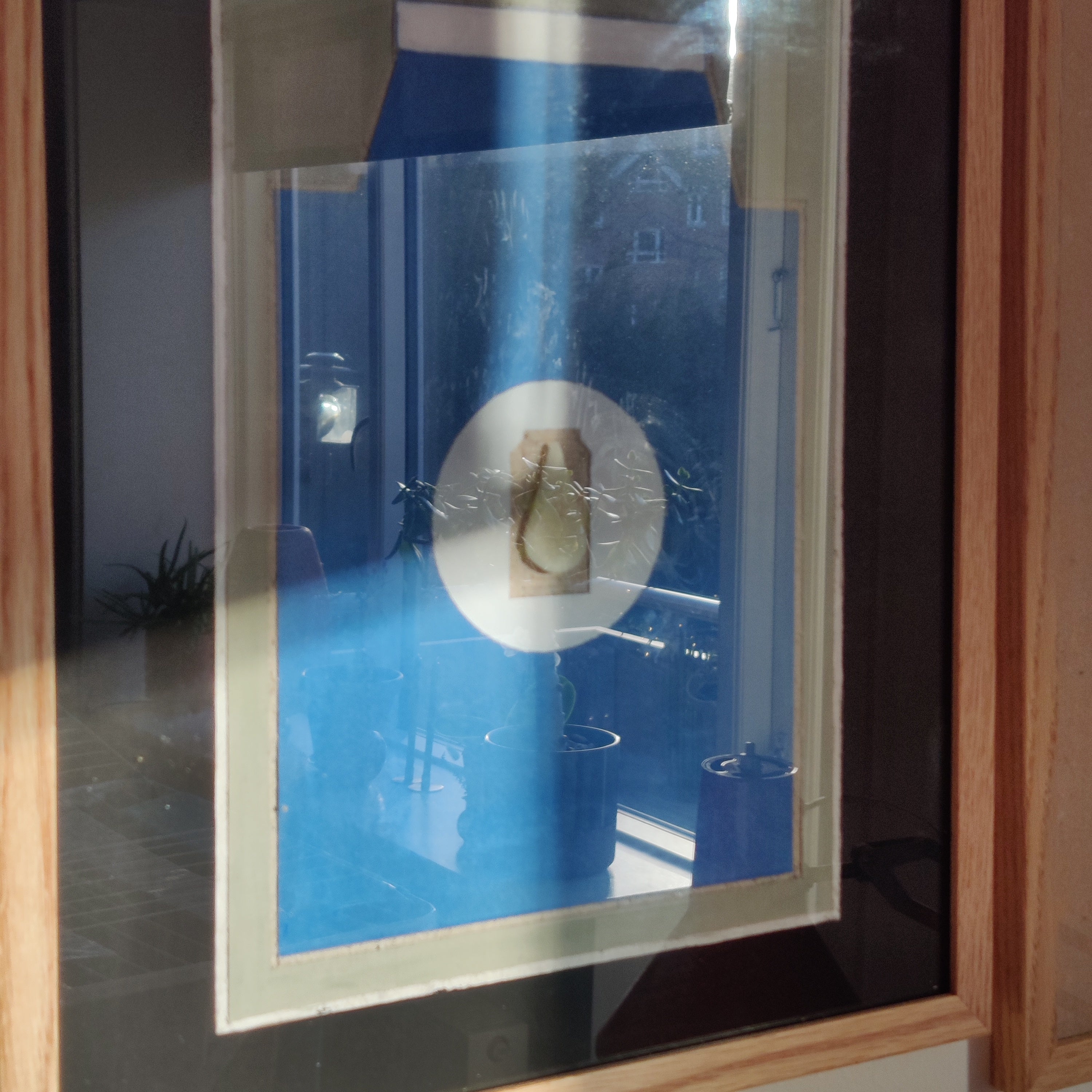 Milk Bottle cardboard artwork, blue and white with black border, 30x40cm