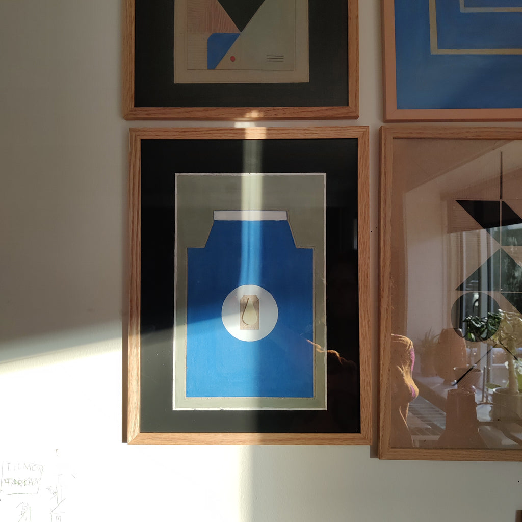 Milk Bottle – original cardboard wall art by Lisa Ketty, front view in oak frame