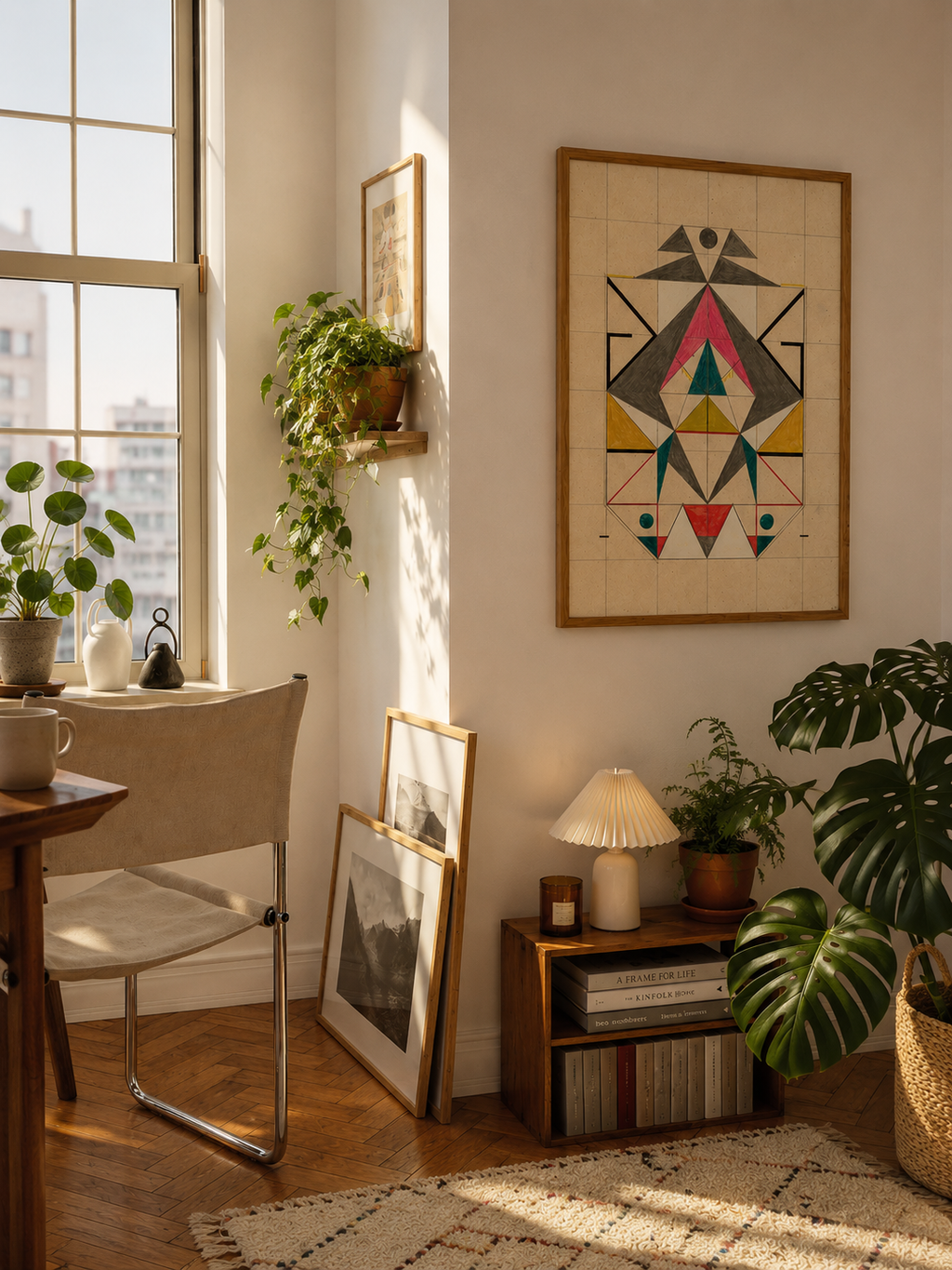 A framed geometric art print hangs on a warm beige wall in a sunlit room with a window, chair, plants, lamp, and wooden furniture.