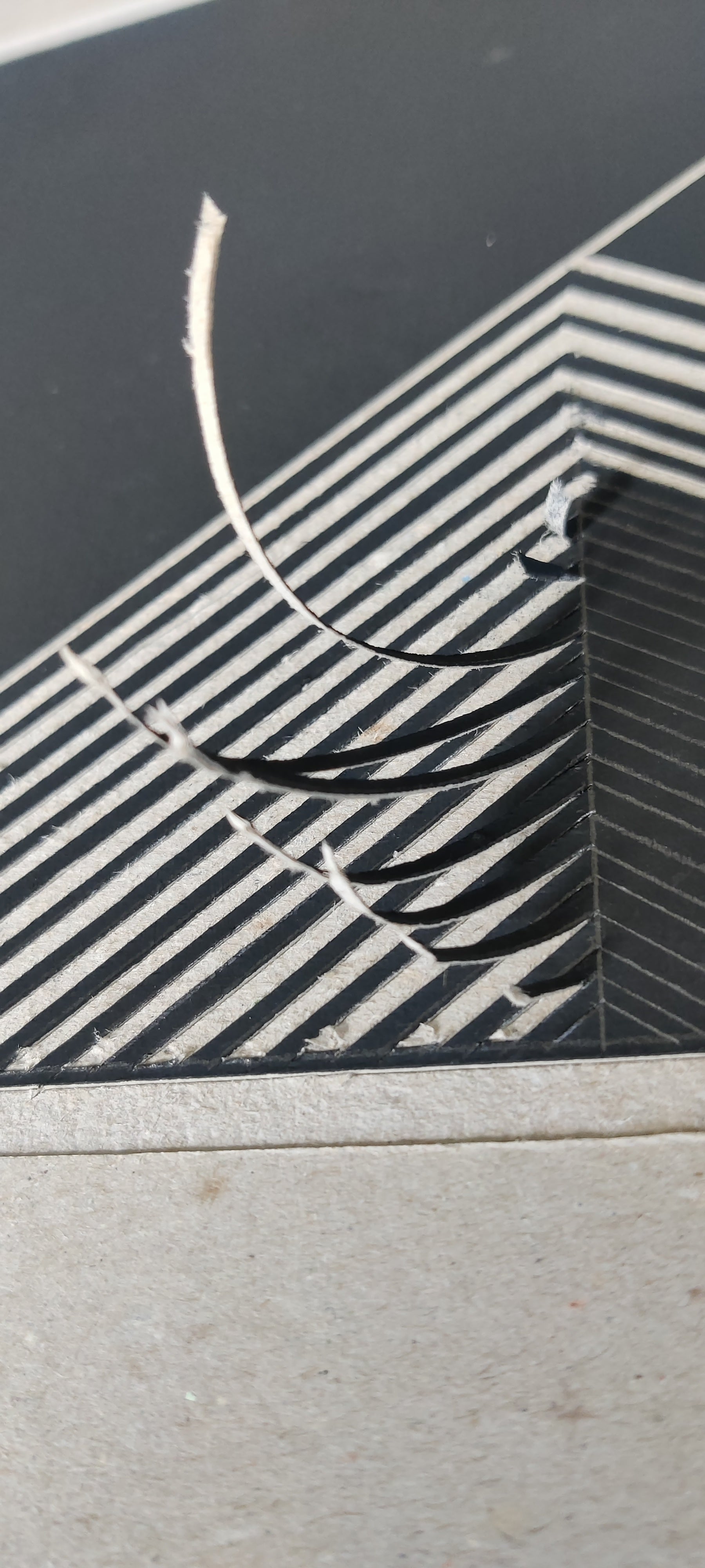Hatched line pattern detail on handmade cardboard mask artwork by Lisa Ketty