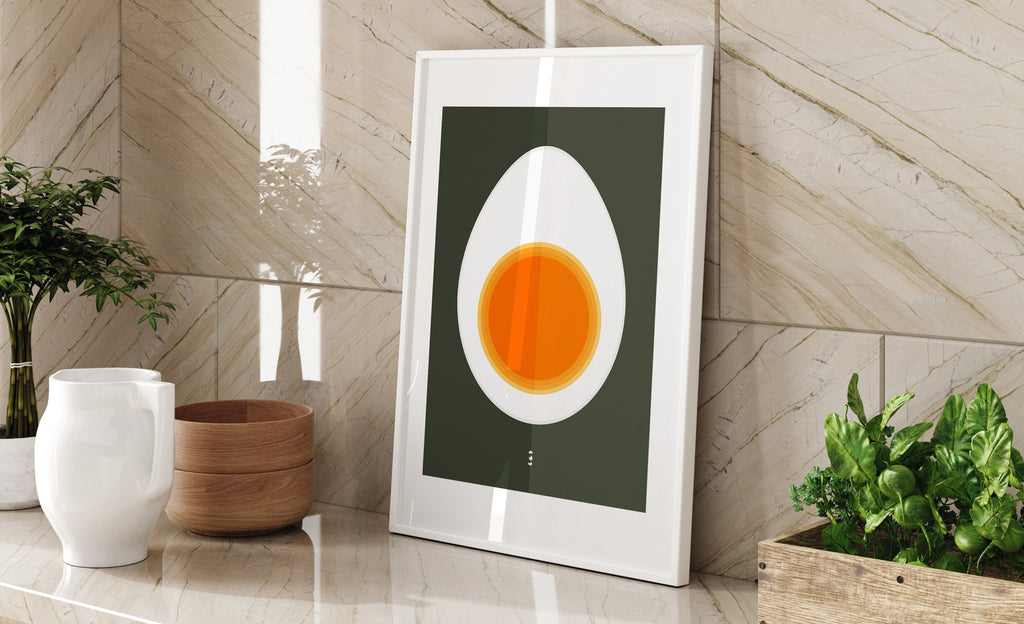 Half Egg Poster by Lisa Ketty, half an egg with three grains of salt on dark green