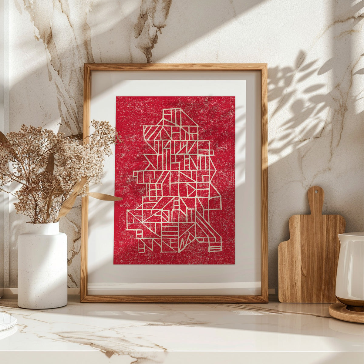 Sættekasse Poster by Lisa Ketty in an oak frame on a marble kitchen counter