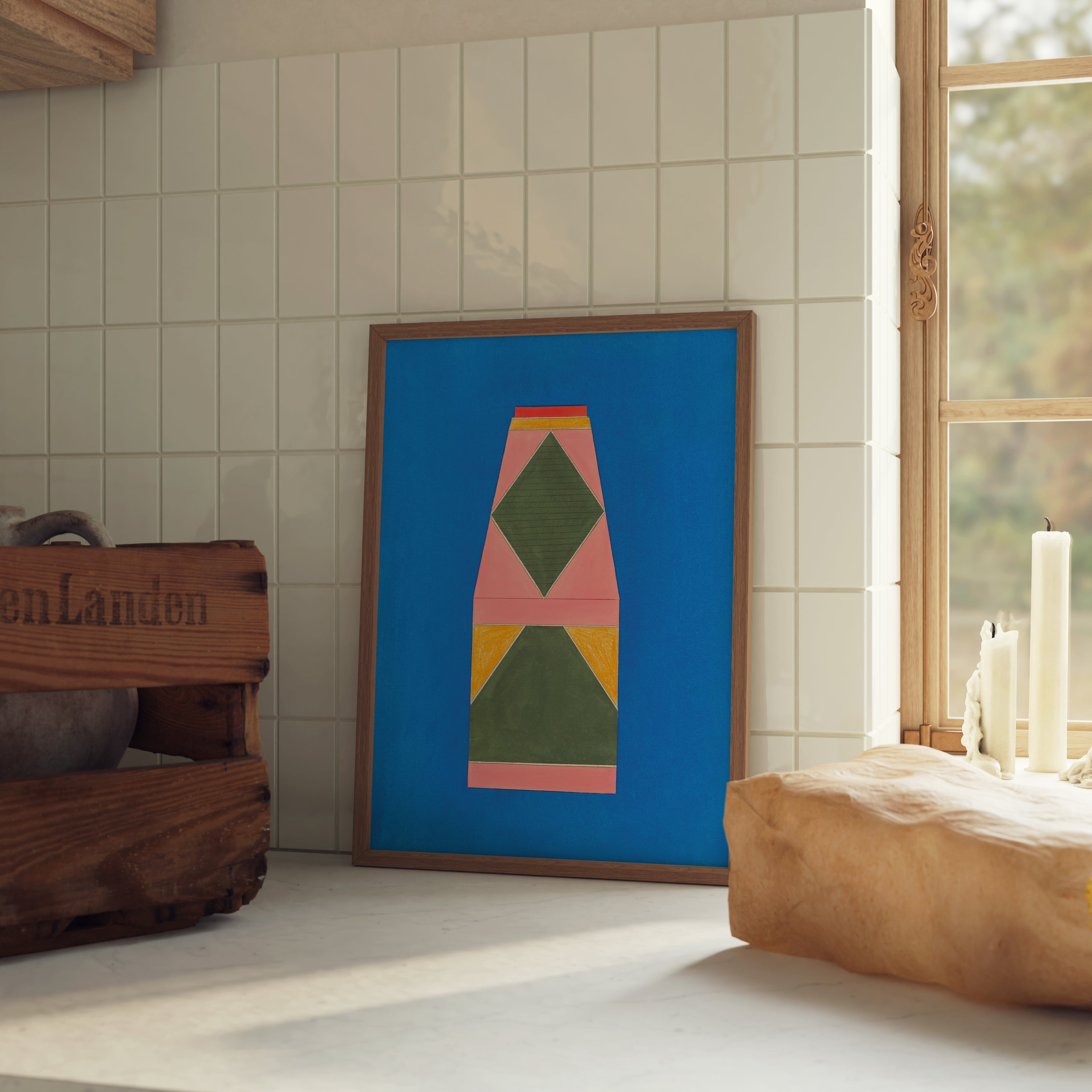 Mystical Cardboard Juice poster on wall with colorful abstract forms